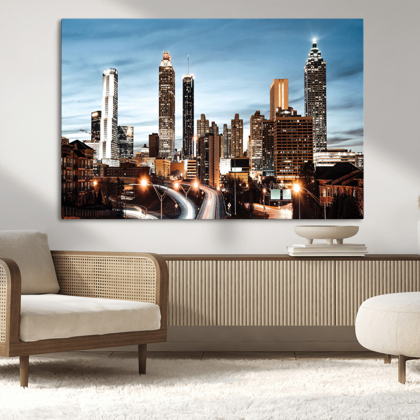 23859158-MGV-CV-36X24-Atlanta Skyline Wall Art – Modern Cityscape Canvas Print with Night Lights and Traffic Trails, Urban Decor for Office, Apartment,