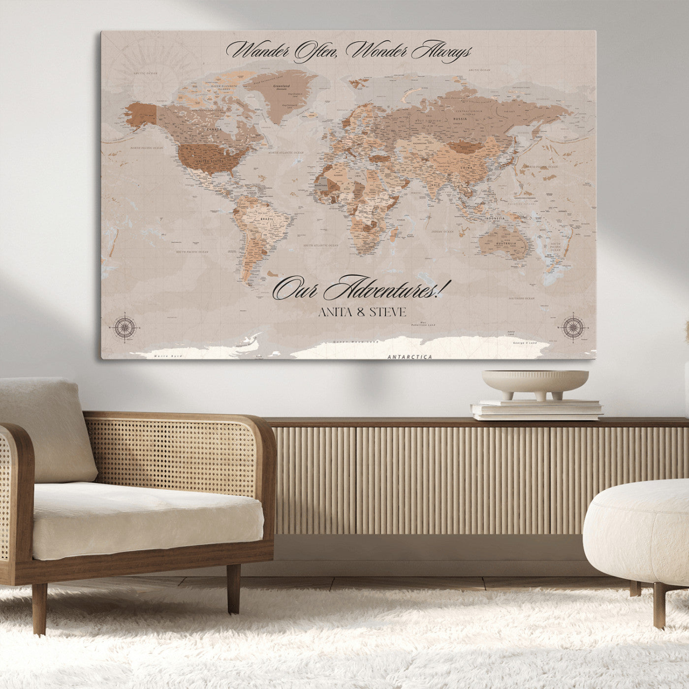 95243244-MGV-CV-36X24-Wander Often Wonder Always World Map Wall Art – Neutral Beige Adventure Canvas Print, Rustic Boho Travel Decor for Bedroom, Living