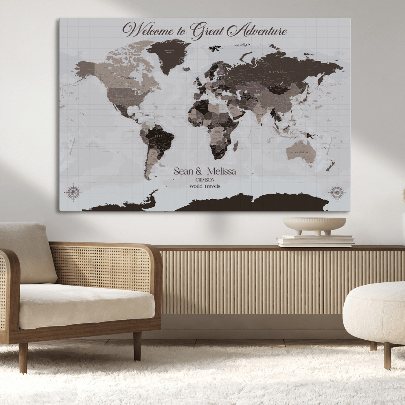 43749658-MGV-CV-36X24-Welcome to Great Adventure World Map Wall Art – Charcoal Gray Canvas Print, Rustic Travel Decor for Living Room, Study, Office or