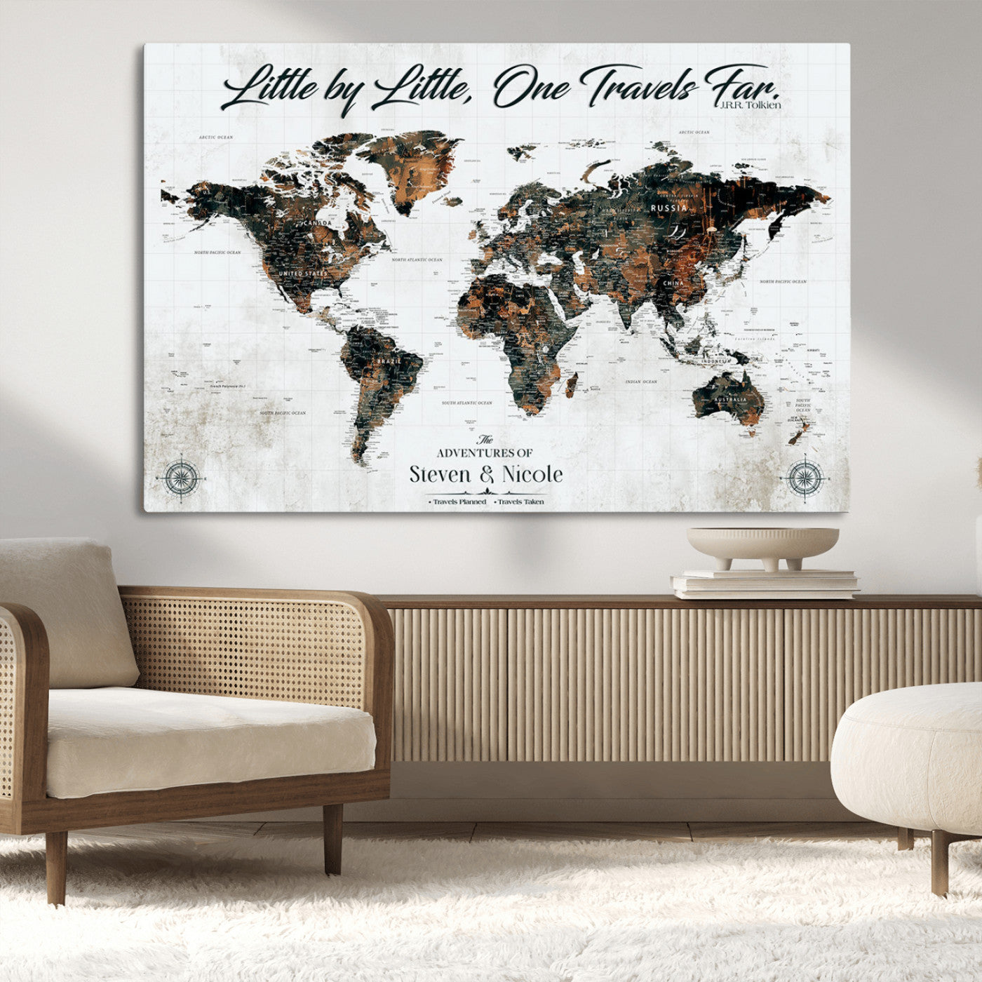 88337180-MGV-CV-36X24-Little by Little One Travels Far Tolkien Quote World Map Rustic Black Brown Adventure Wall Art Canvas Print for Home Office Living