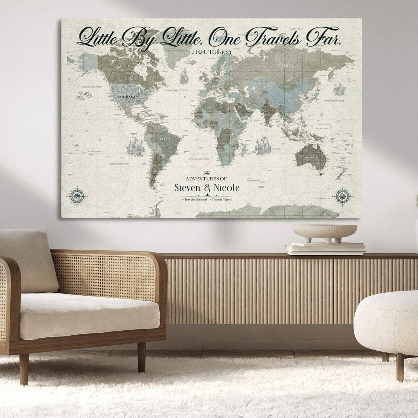 10693204-MGV-CV-36X24-Little By Little One Travels Far Tolkien Quote Blue Green World Map Adventure Wall Art Canvas Print Rustic Wanderlust Travel Decor