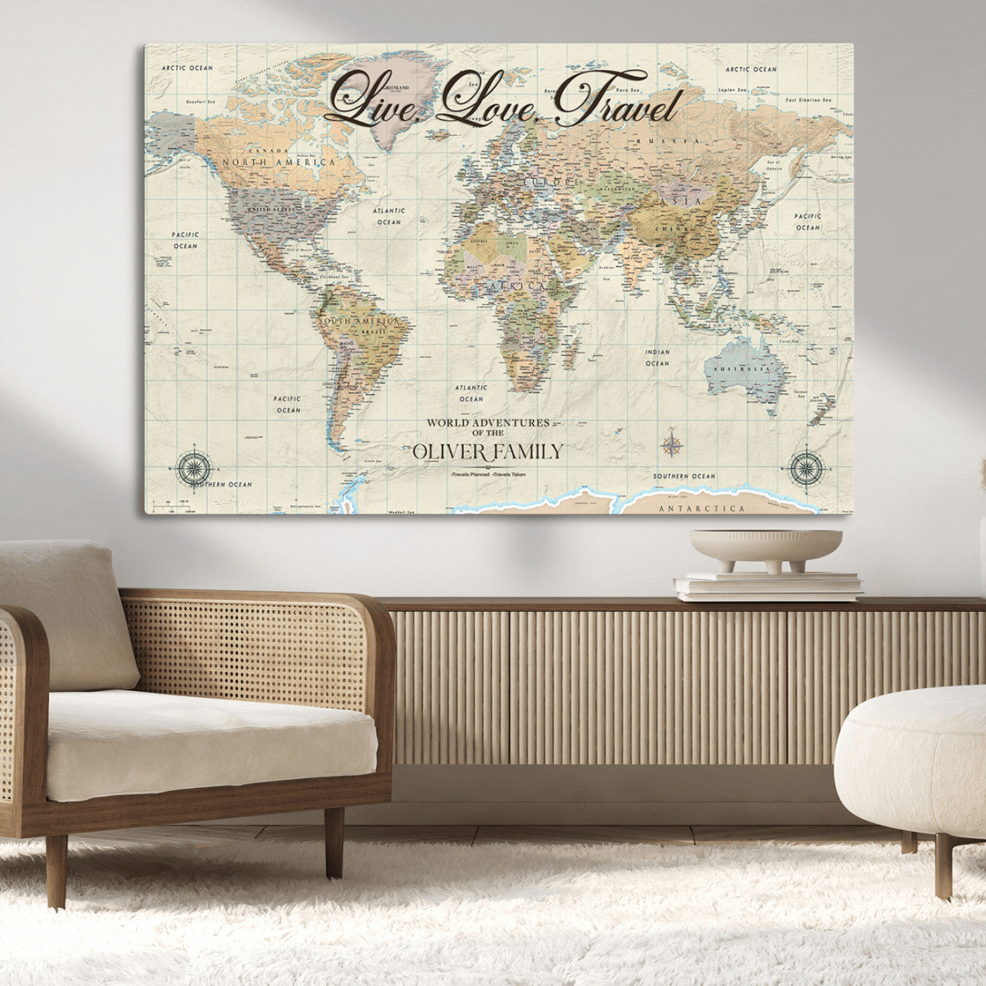 19479008-MGV-CV-36X24-Live Love Travel Wall Art – Detailed World Map Canvas Print, Adventure Decor for Living Room, Office or Bedroom, Travel Gift for