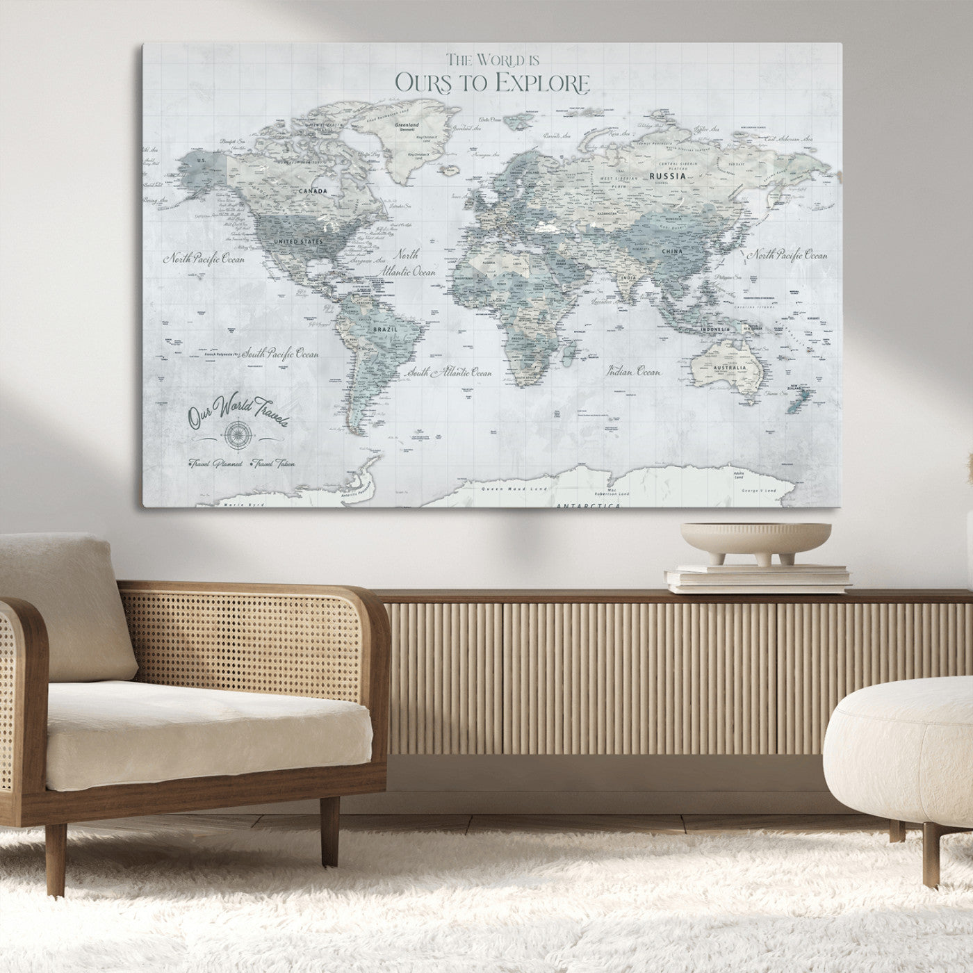 94249974-MGV-CV-36X24-Ours Explore World Map Wall Art – Modern Travel Canvas Print, Neutral Adventure Decor for Living Room, Office, Study, Bedroom,