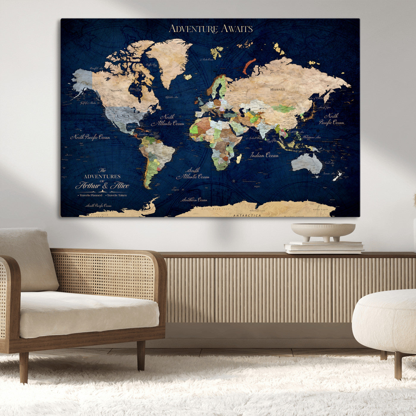 43160428-MGV-CV-36X24-Adventure Awaits Navy Blue World Map – Vibrant Travel Canvas Wall Art, Antique Atlas Print, Wanderlust Decor for Home Office