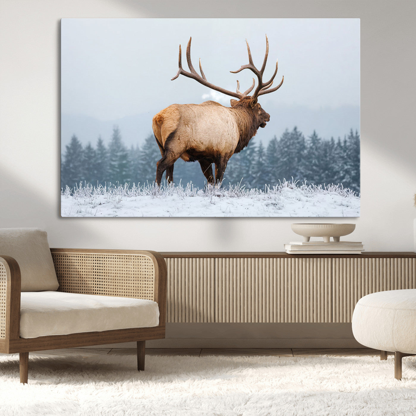 85177251-MGV-CV-36X24-Elk Wall Art – Majestic Wildlife Canvas Print of Bull Elk Snowy Forest, Rustic Nature Decor for Living Room, Cabin, or Office
