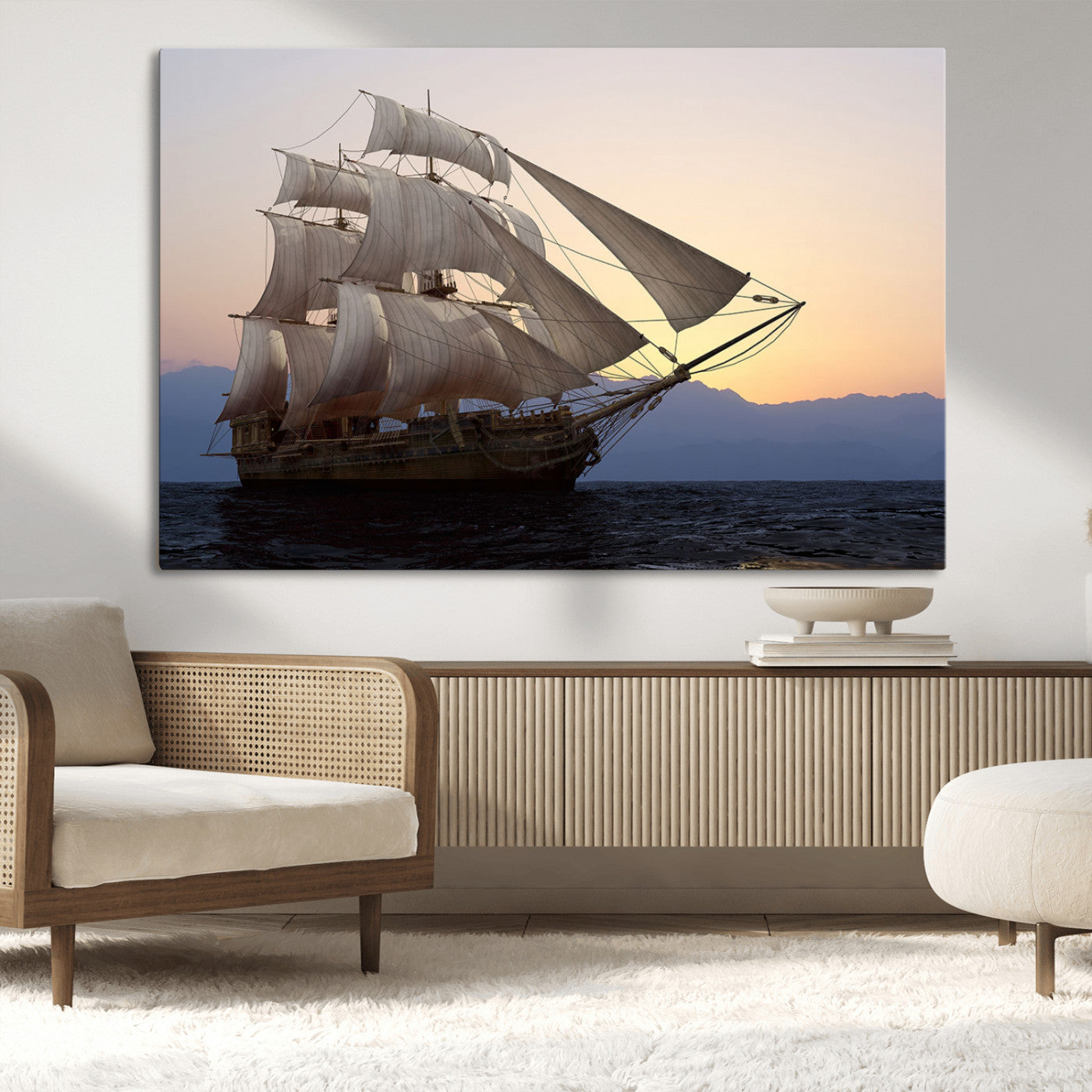 31270610-MGV-CV-36X24-Sailing Ship Wall Art – Sunset Seascape Canvas Print with Tall Ship at Sea, Nautical Ocean Decor for Living Room, Office, or