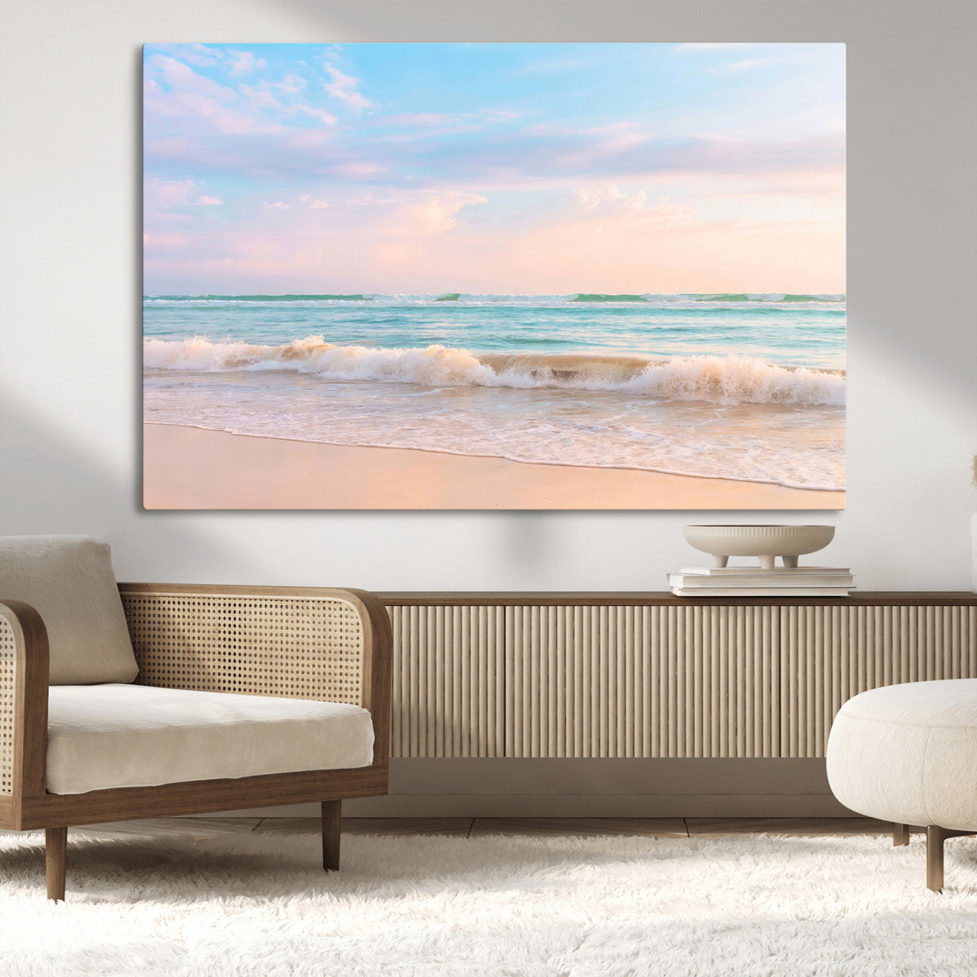 88024944-MGV-CV-36X24-Beach Landscape Wall Art – Coastal Ocean Canvas Print with Gentle Waves and Pastel Sky, Serene Seascape Photography for Living