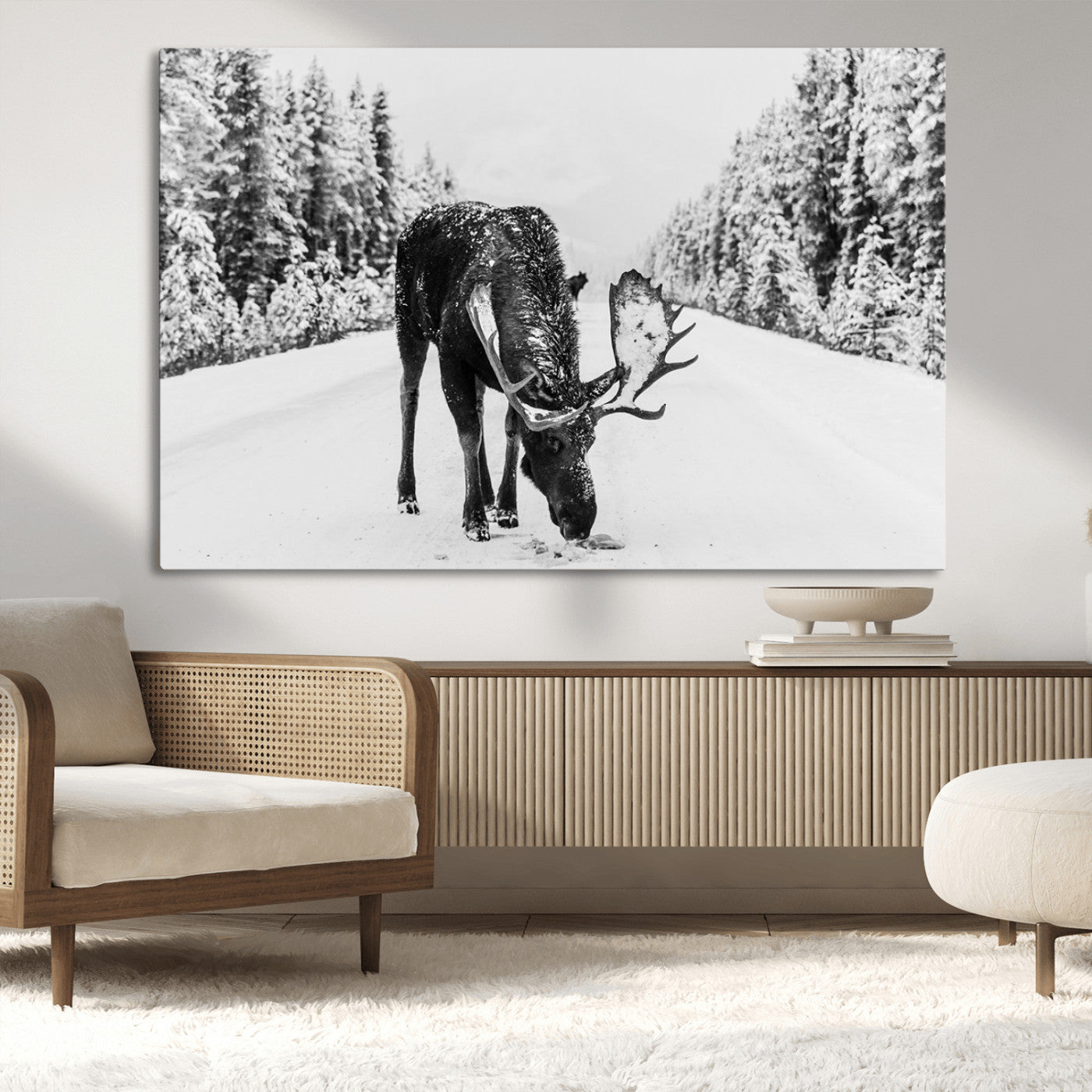 38956835-MGV-CV-36X24-Moose Winter Snowy Forest Canvas Wall Art – Wildlife Nature, Antlers in Frozen Landscape, Quiet Path, Cold Season Outdoors Print