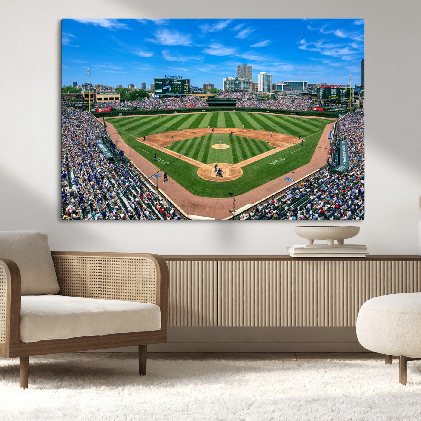 35800083-MGV-CV-36X24-Wrigley Field Baseball Stadium Canvas Wall Art – Packed Crowd Sports Stadium Print, City Skyline Baseball Field Canvas for Game