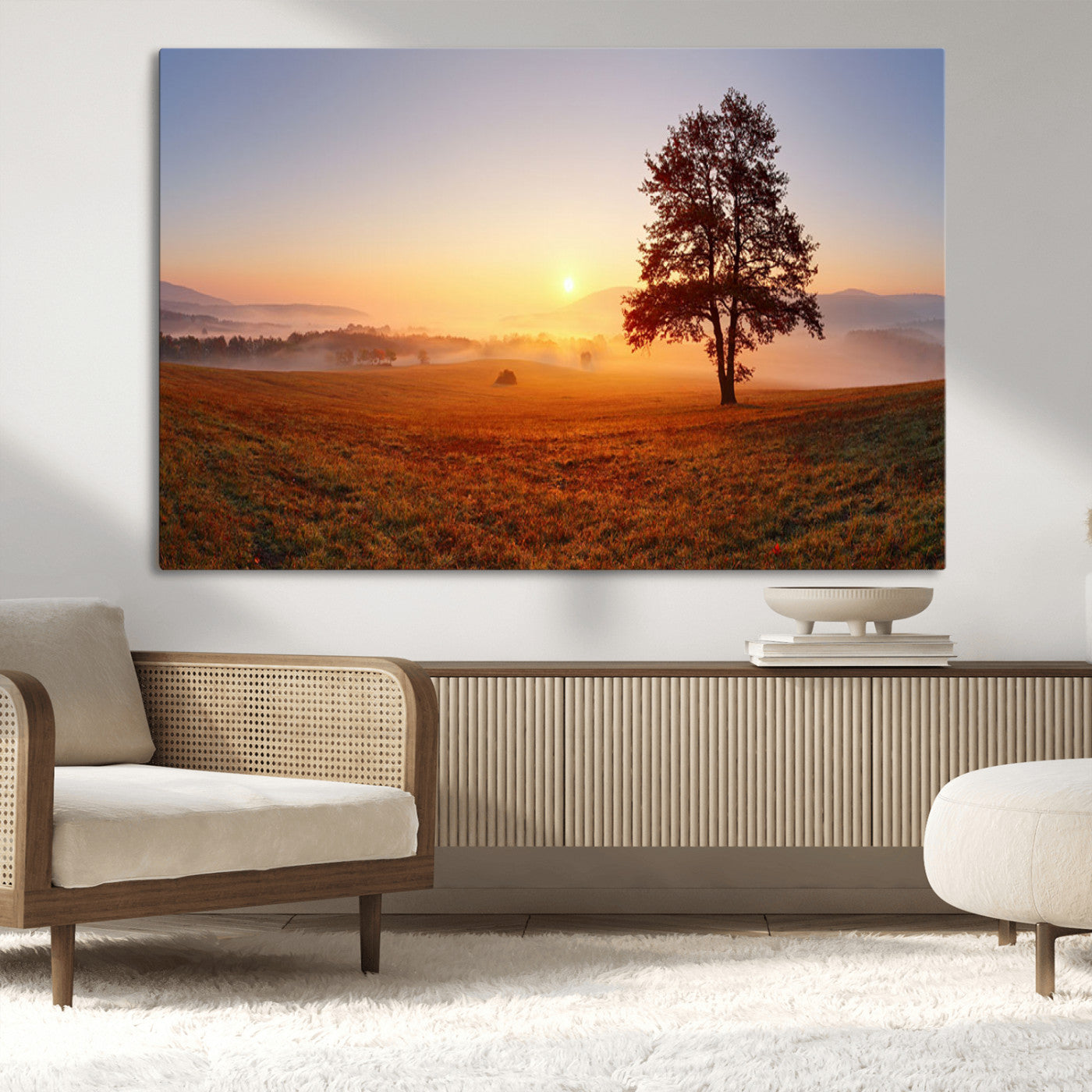 57919623-MGV-CV-36X24-Golden Sunrise Landscape Canvas Wall Art - Framed Misty Field Print, Large Nature Canvas for Living Room, Office, or Home Decor