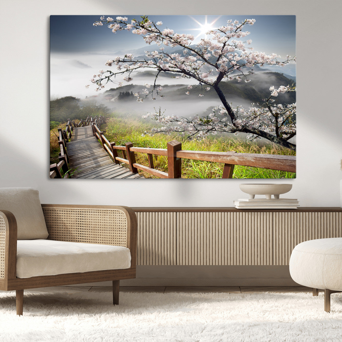 34632598CRY-MGV-CV-36X24-Cherry Blossom Wall Art – Scenic Asian Landscape Canvas Print with Wooden Walkway, Misty Mountains and Sunrise, Serene Nature