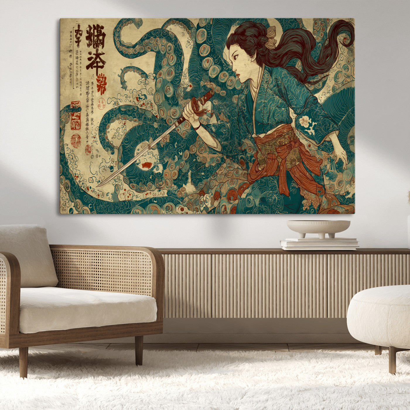 46837670-MGV-CV-36X24-Tsukioka Yoshitoshi Samurai Wall Art Print, Japanese Katana Warrior Canvas Wall Art, Octopus Sea Monster Canvas Print,