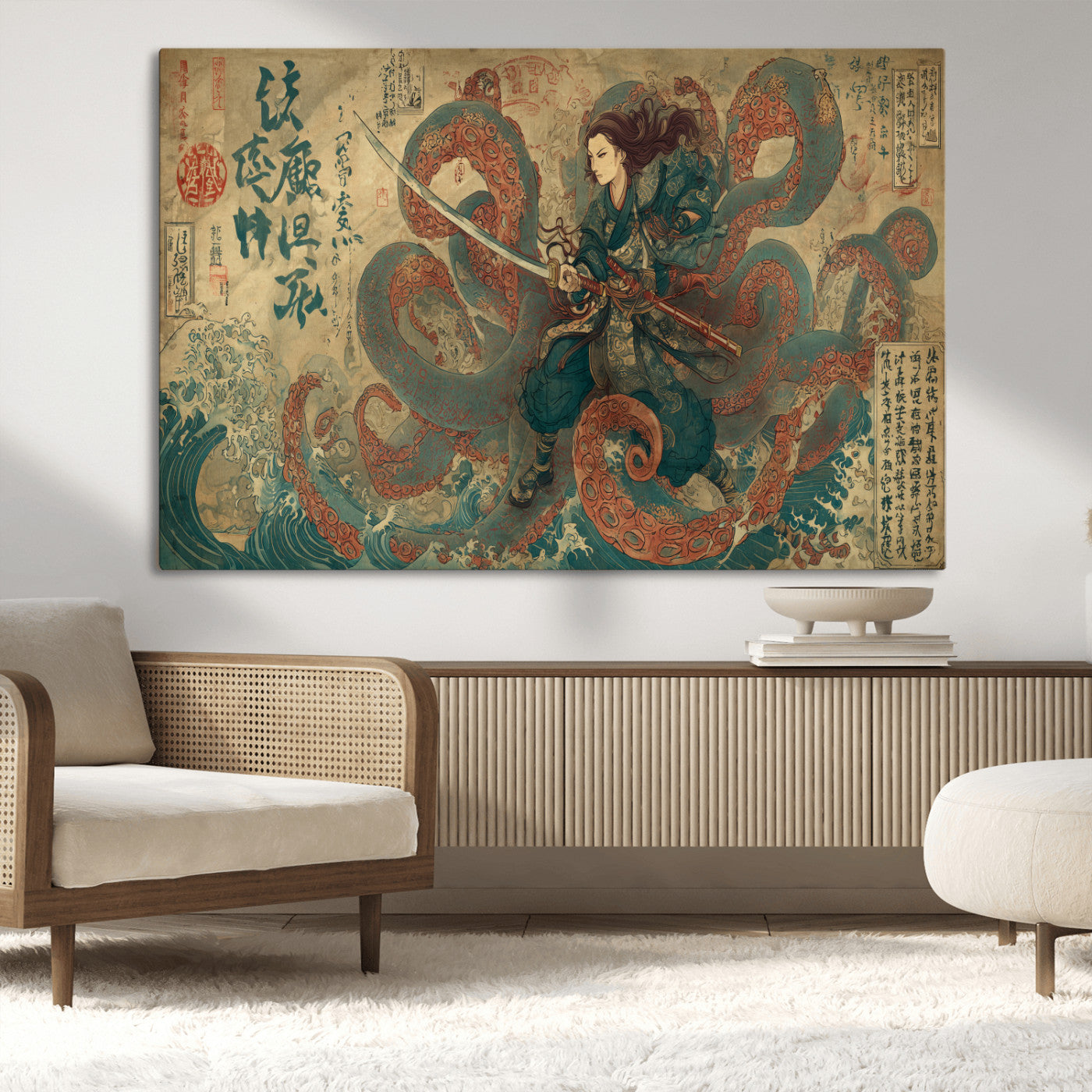 98593115-MGV-CV-36X24-Samurai Warrior vs Octopus Wall Art – Japanese Ukiyo-e Calligraphy Canvas Print, Ocean Battle Scene Artwork for Living Room,