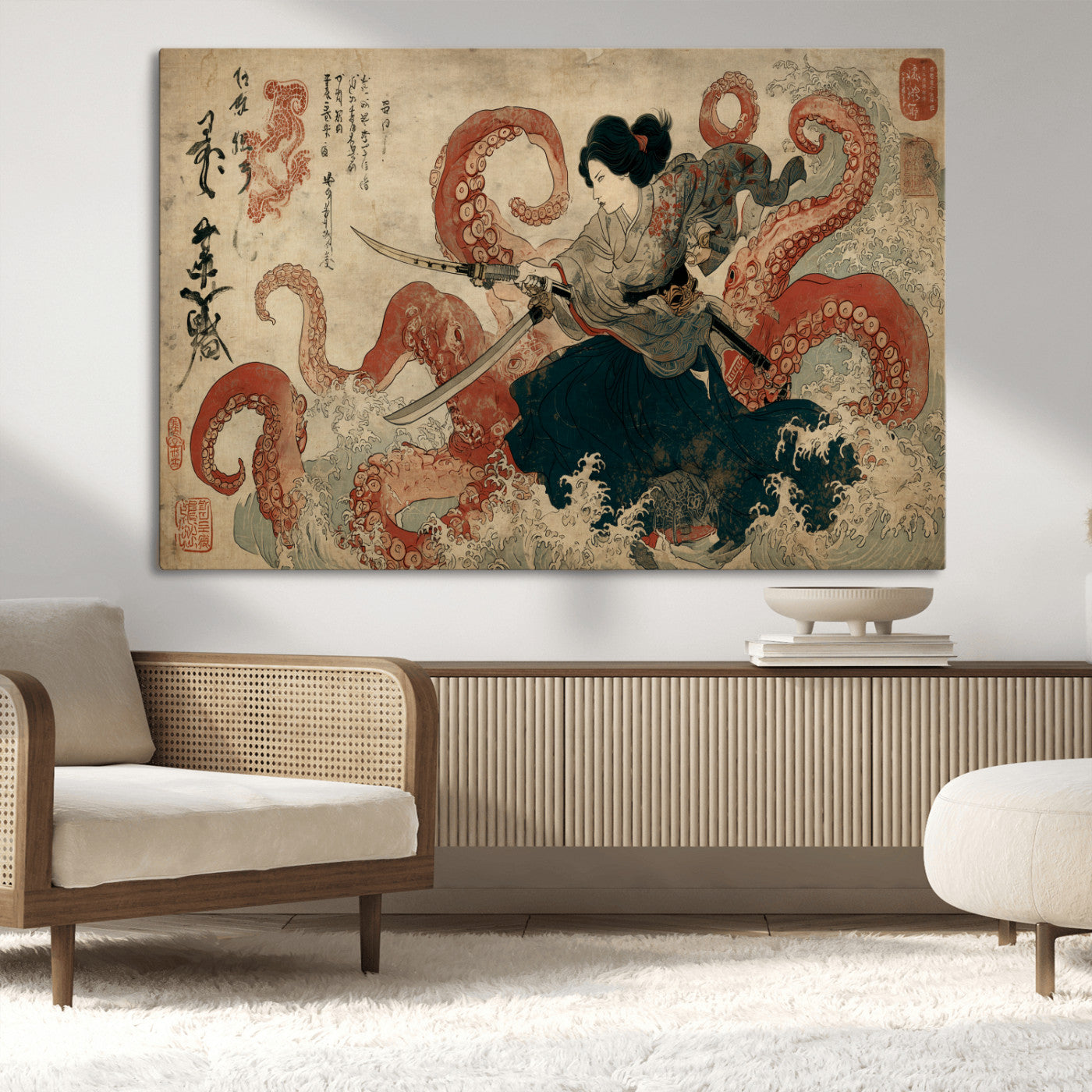 50812504-MGV-CV-36X24-Tsukioka Yoshitoshi Samurai Wall Art Print, Japanese Katana Warrior Canvas Wall Art, Octopus Sea Monster Canvas Print,