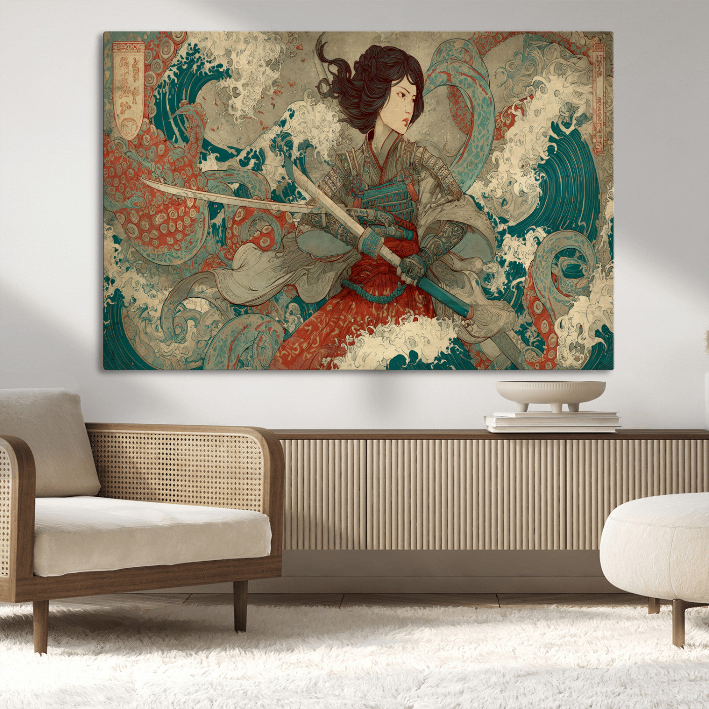 63377977-MGV-CV-36X24-Tsukioka Yoshitoshi Samurai Wall Art Print, Japanese Katana Warrior Canvas Wall Art, Octopus Sea Monster Canvas Print,