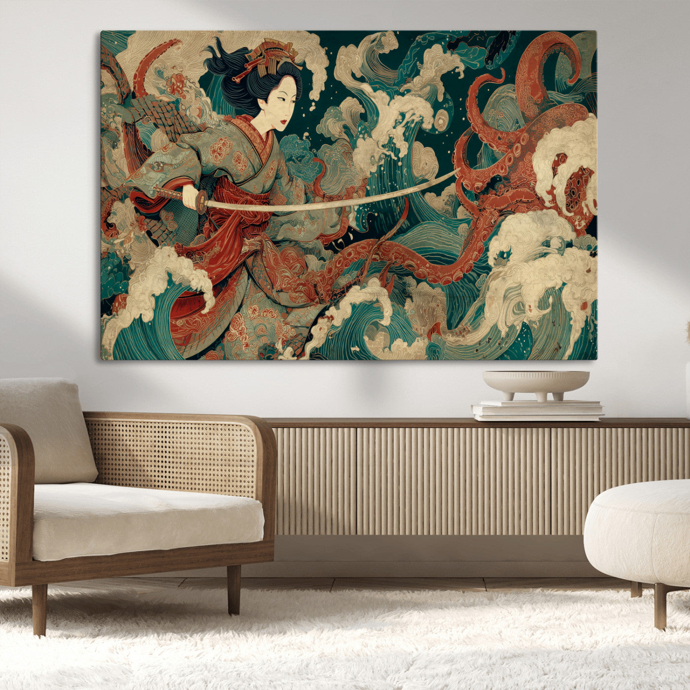 30212982-MGV-CV-36X24-Samurai Woman vs Octopus Wall Art – Japanese Ukiyo-e Style Warrior and Sea Monster Canvas Print, Mythology Inspired Artwork for