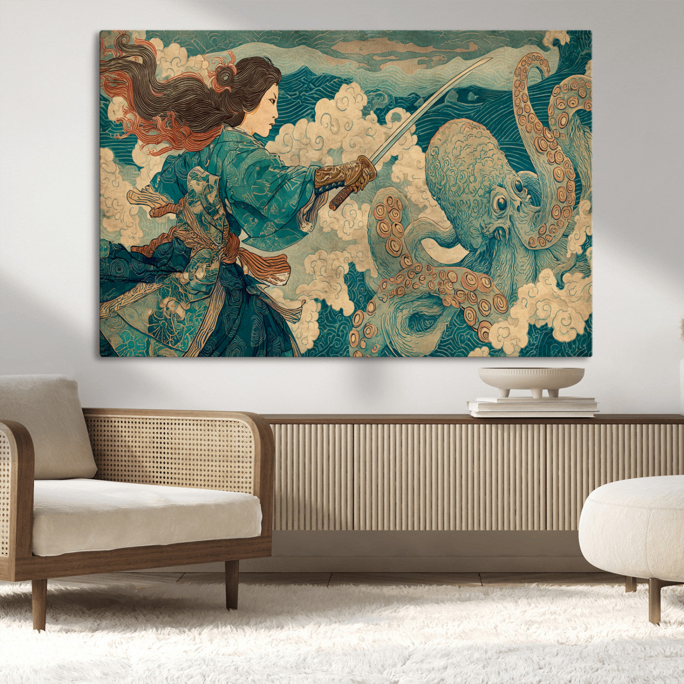 99764195-MGV-CV-36X24-Samurai vs Octopus Wall Art – Japanese Ukiyo-e Style Warrior and Sea Monster Canvas Print, Mythology Inspired Artwork for Living