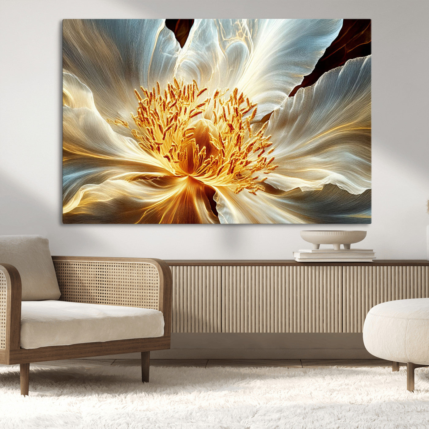 20862576-MGV-CV-36X24-Golden Abstract Flower Canvas Wall Art – Modern Botanical Bloom Print, Elegant Floral Artwork for Living Room, Bedroom, Office