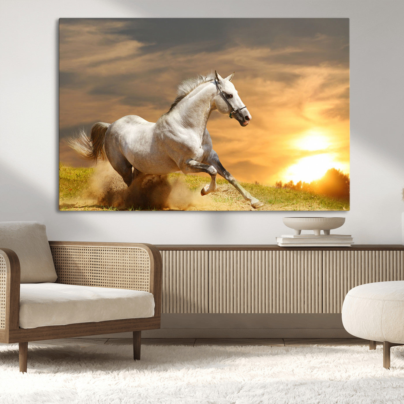 67478480-MGV-CV-36X24-White Horse Running at Sunset Wall Art – Majestic Equestrian Photography Print, Rustic Farmhouse Decor, Golden Sky Horse Lover