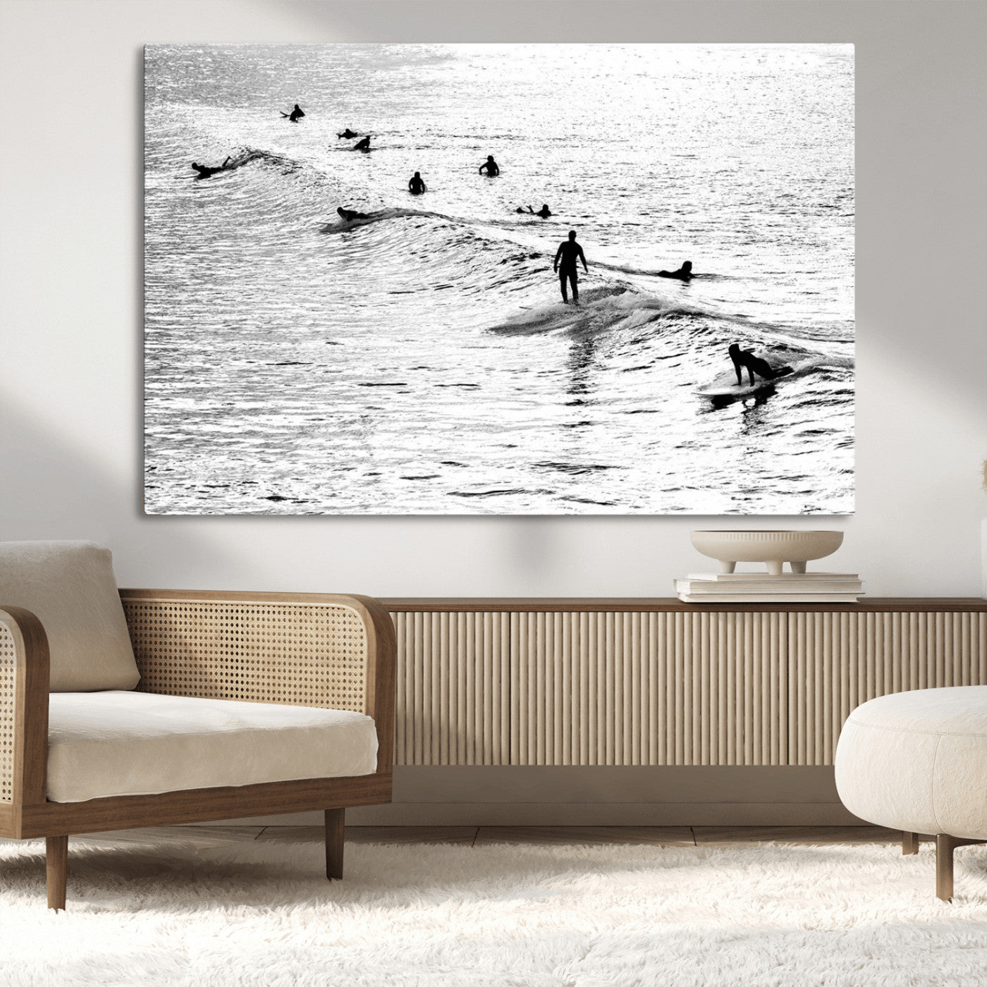 68018616-MGV-CV-36X24-Black and White Surf Photography Print – Minimalist Ocean Wall Art, Surfers Riding Waves, Coastal Beach Decor for Modern Home or
