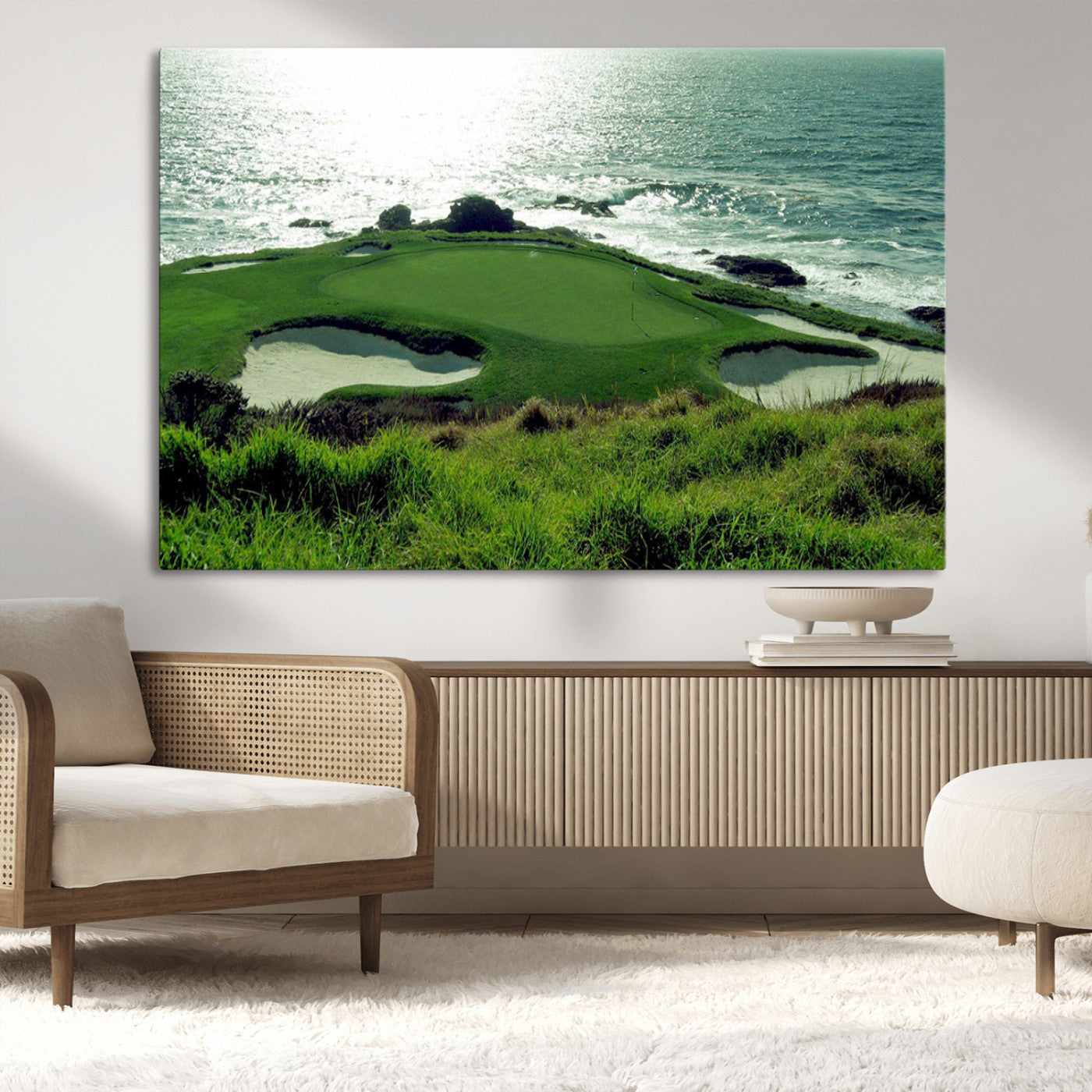 48473947-MGV-CV-36X24-Ocean Golf Course Wall Art – Panoramic Green Fairway Canvas Print, Coastal Golf Landscape Photography Sports Decor for Office, Man