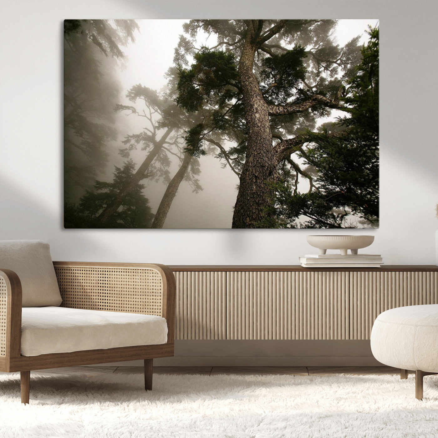 87969493-MGV-CV-36X24-Forest Wall Art – Misty Tall Trees Canvas Print, Dramatic Woodland Photography Decor for Bedroom, Living Room, Office, Cabin,
