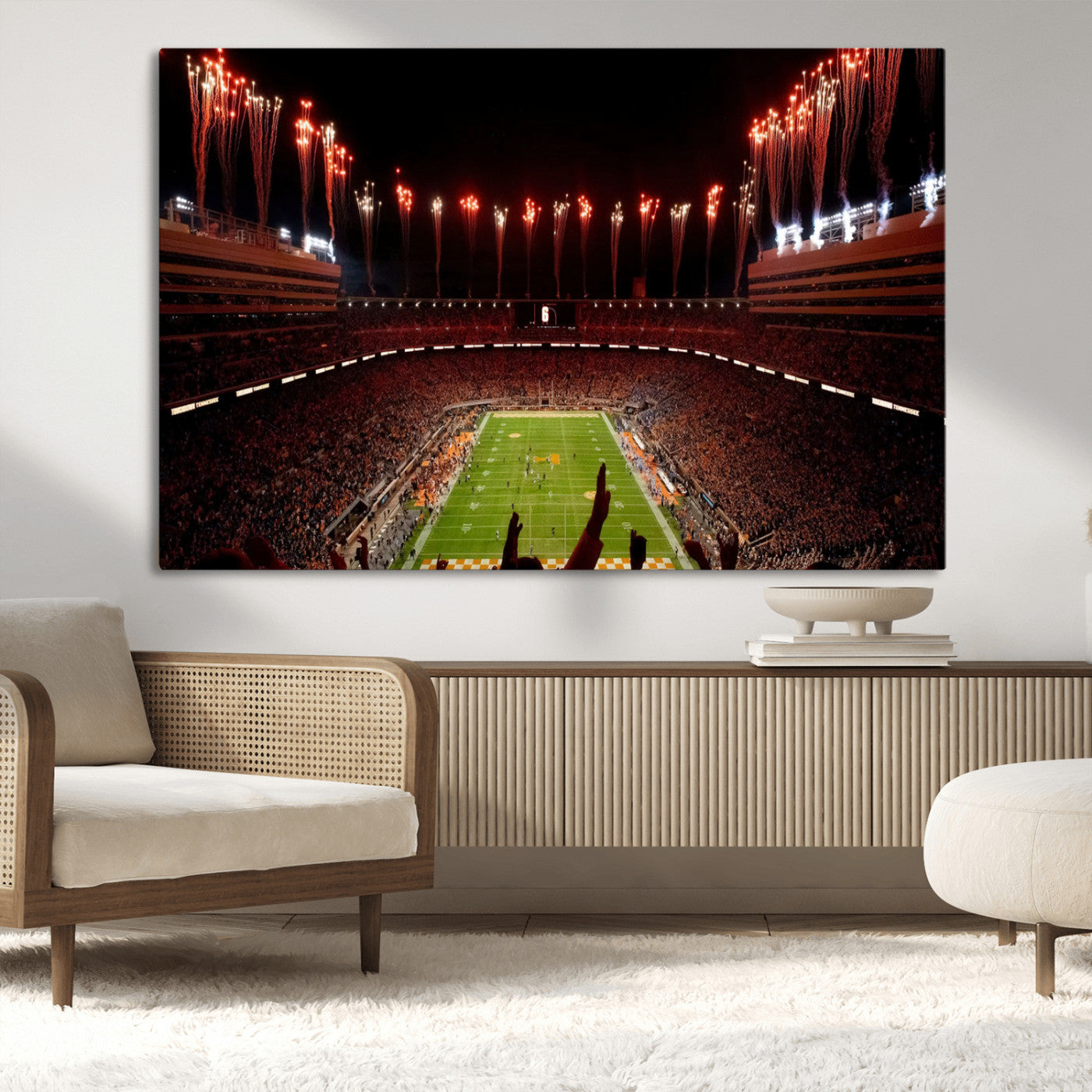 73358115-MGV-CV-36X24-Neyland Stadium Wall Art – Panoramic Tennessee Volunteers Night Game Canvas Print, Fireworks Football Celebration Sports Decor for