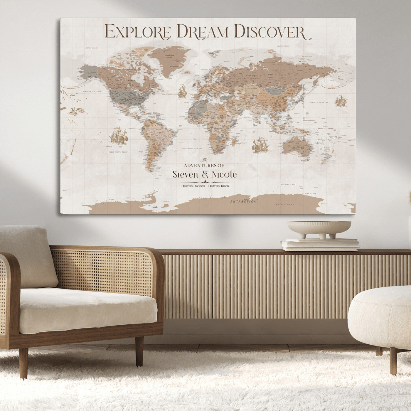 56148717-MGV-CV-36X24-Personalized World Map Wall Art – Neutral Beige & Brown Vintage Adventure Travel Map with Custom Couple Names, Classic Wall Decor