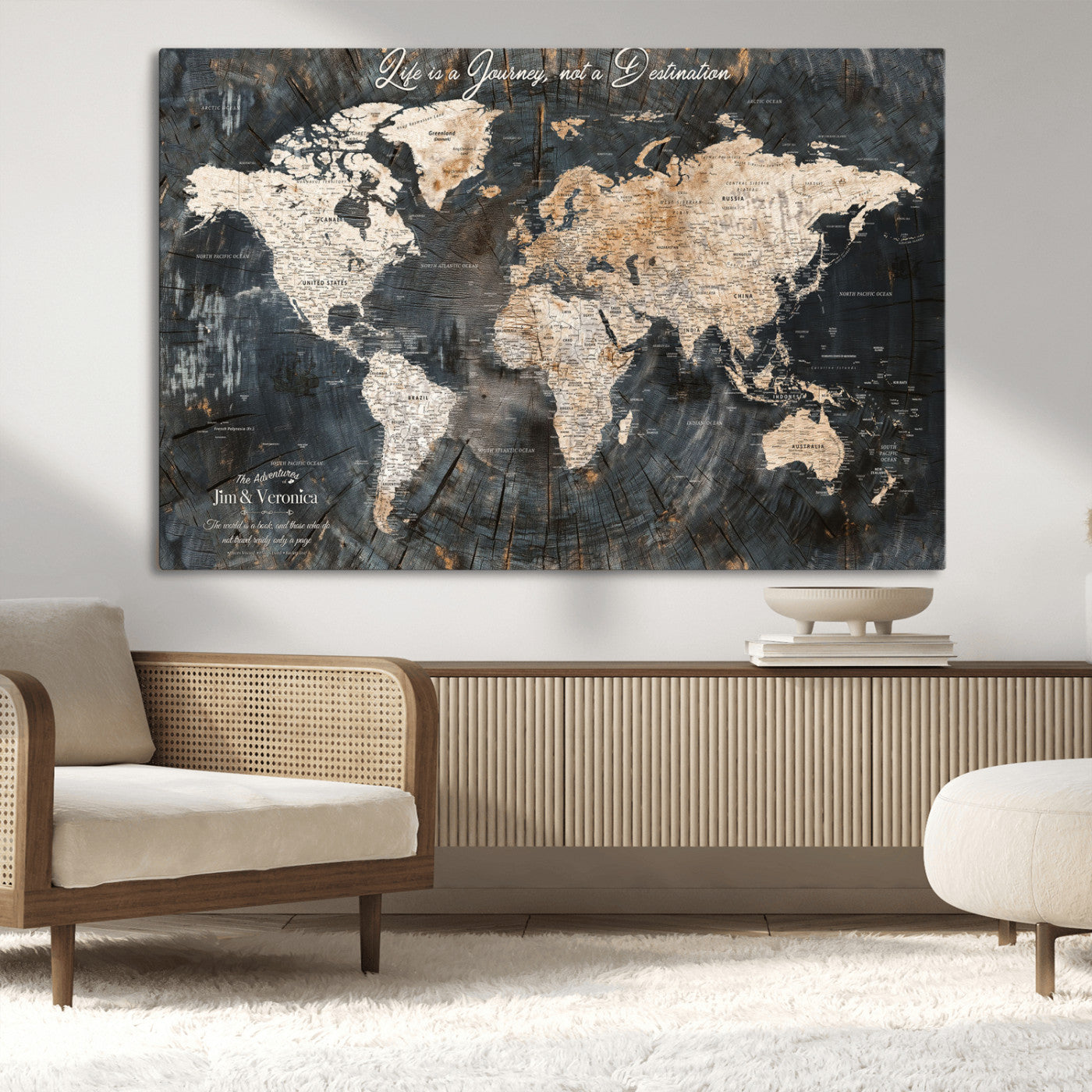 55548943-MGV-CV-36X24-Personalized World Map Wall Art – Rustic Wood Texture Adventure Travel Map with Custom Couple Names, Vintage Dark Wall Decor for