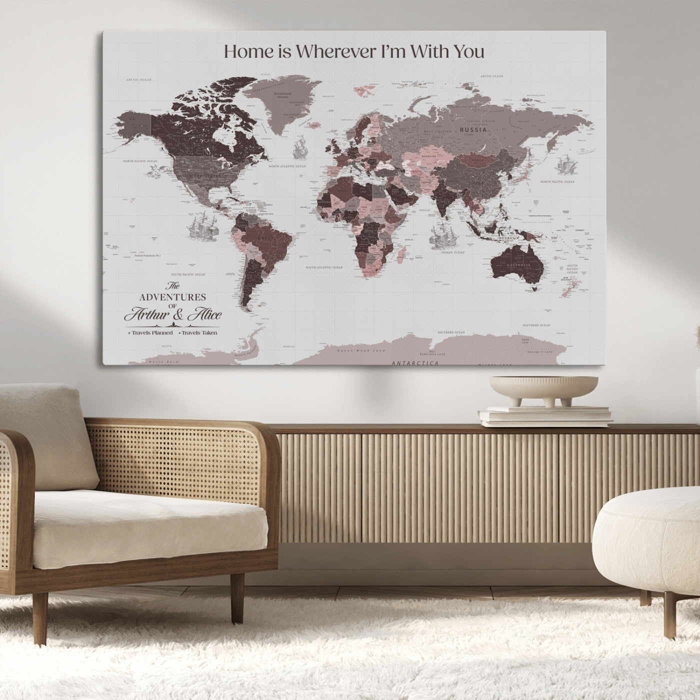 33204797-MGV-CV-36X24-Personalized World Map Wall Art – Burgundy & Grey Adventure Travel Map with Custom Names, Romantic Wall Decor for Couples, Home or