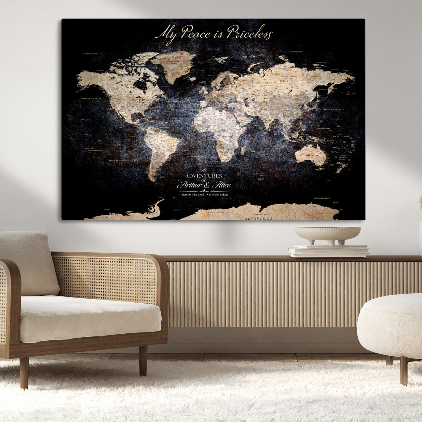 51488142-MGV-CV-36X24-Personalized World Map Wall Art – Dark Rustic Adventure Travel Map with Custom Names, Vintage Wall Decor for Couples, Families or