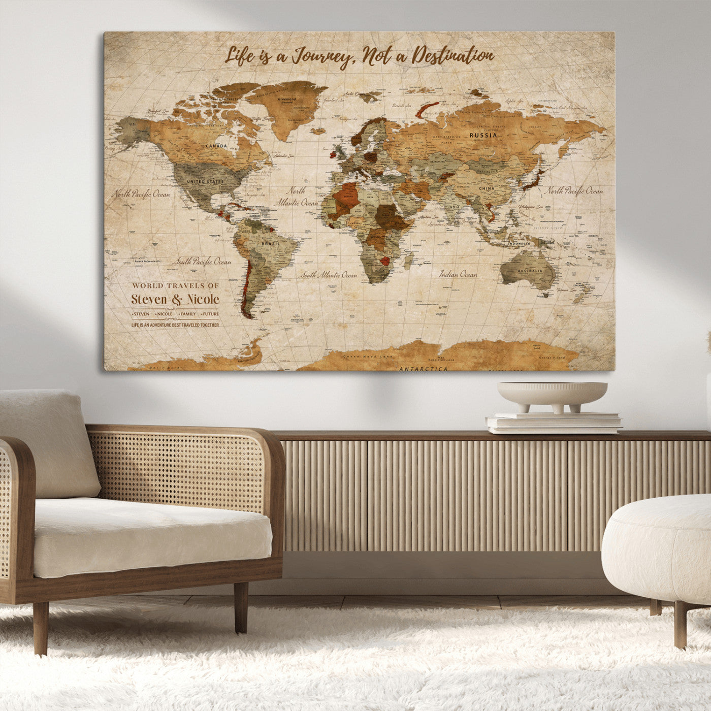 75179116-MGV-CV-36X24-Personalized World Map Wall Art – Rustic Vintage Travel Map with Custom Names, Inspirational Adventure Décor for Couples, Families