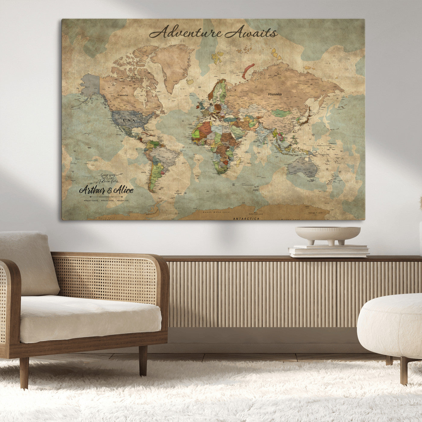 62500285-MGV-CV-36X24-Personalized World Map Wall Art – Rustic Watercolor Adventure Awaits Travel Map with Custom Couple Names, Vintage Wall Decor for