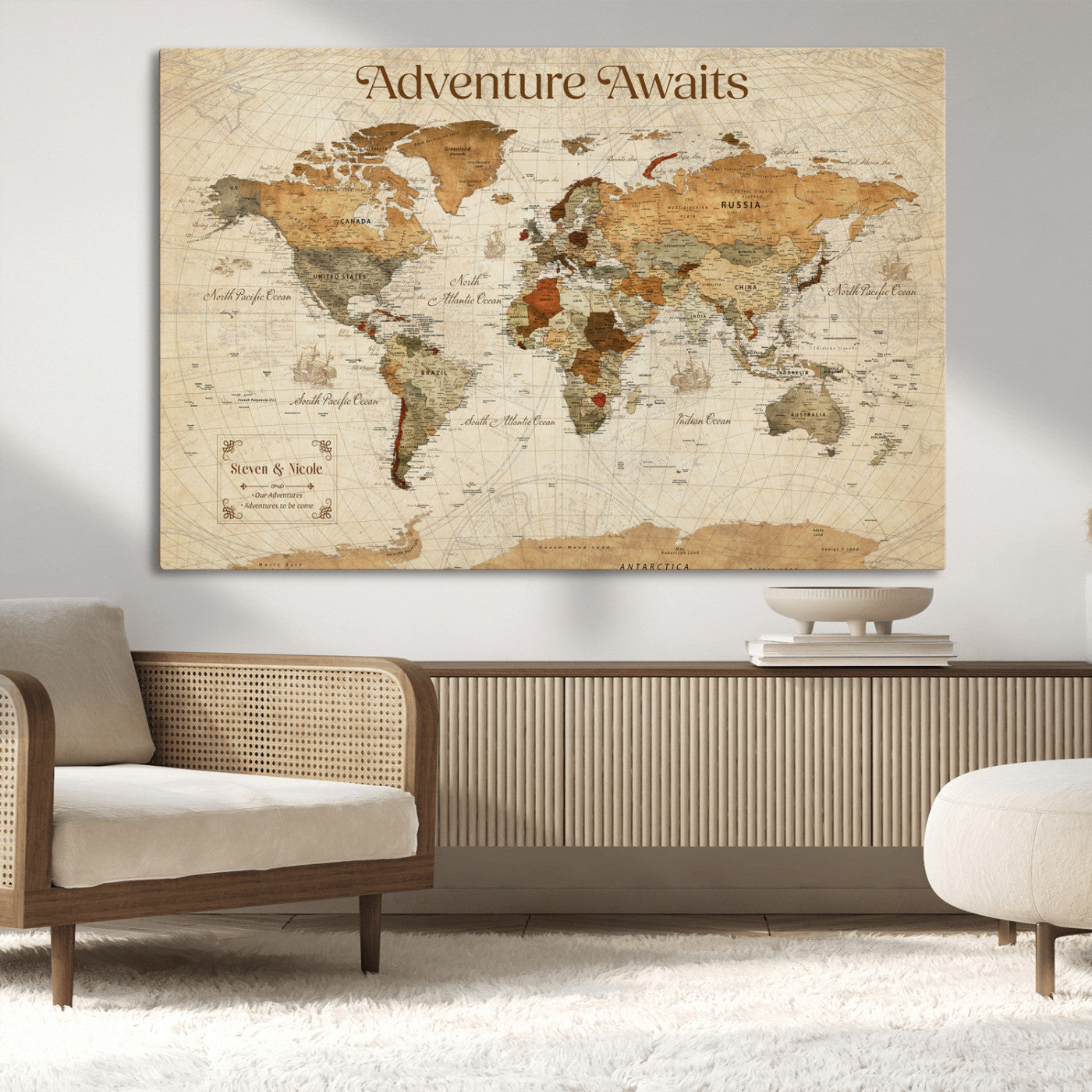 18685073-MGV-CV-36X24-Personalized World Map Wall Art – Antique Vintage Parchment Adventure Awaits Travel Map with Custom Couple Names, Rustic Wall