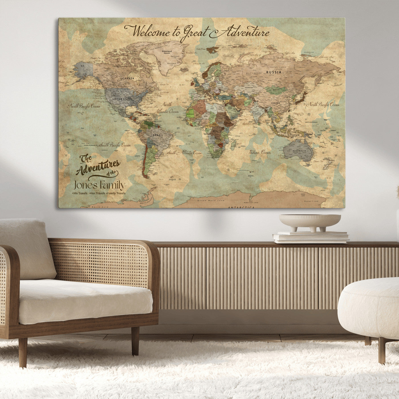 32019746-MGV-CV-36X24-Personalized World Map Wall Art – Vintage Camo Adventure Travel Map with Custom Family Names, Rustic Wall Decor for Couples, Home