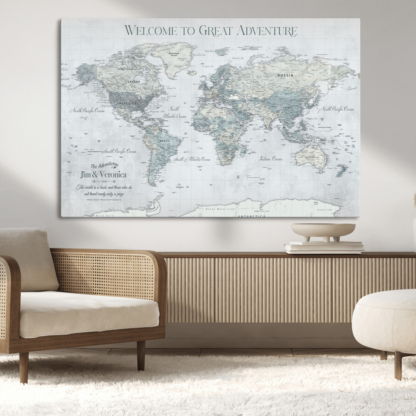 70605050-MGV-CV-36X24-Personalized World Map Wall Art – Cool Gray Adventure Travel Map with Custom Names, Elegant Push Pin Canvas for Couples, Family