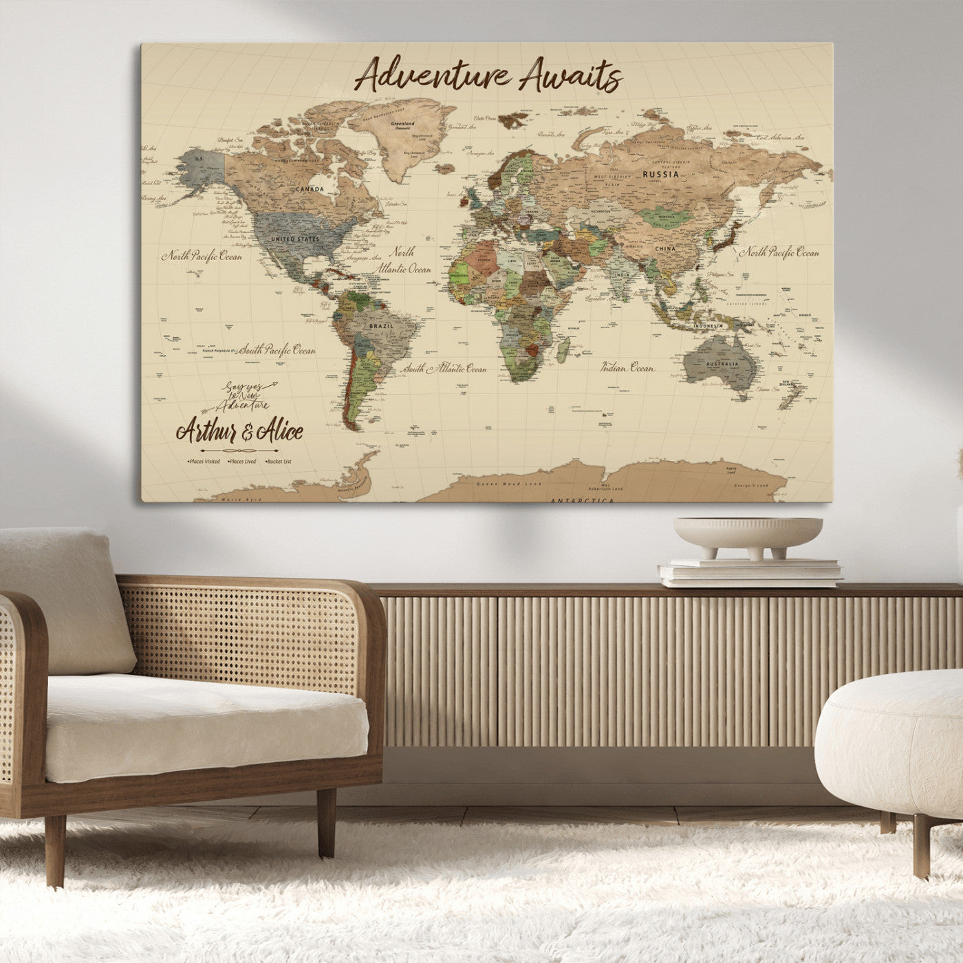 53442996-MGV-CV-36X24-Personalized World Map Wall Art – Adventure Awaits Vintage Travel Map with Custom Couple Names, Rustic Wall Decor for Home,
