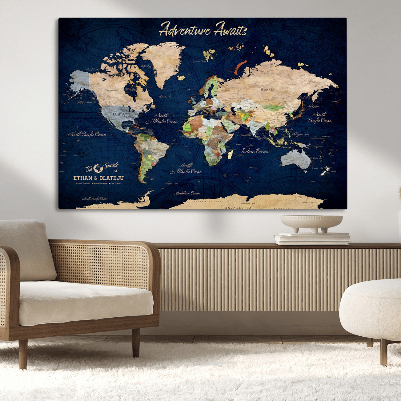 80965072-MGV-CV-36X24-Personalized World Map Wall Art – Adventure Awaits Navy Blue Travel Map with Custom Names, Rustic Vintage Wall Decor for Couples,