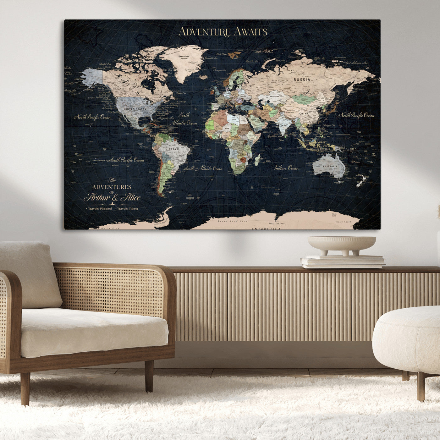 15547583-MGV-CV-36X24-Personalized World Map Wall Art – Rustic Navy Adventure Awaits Travel Map with Custom Couple Names, Vintage Wall Decor for Home or