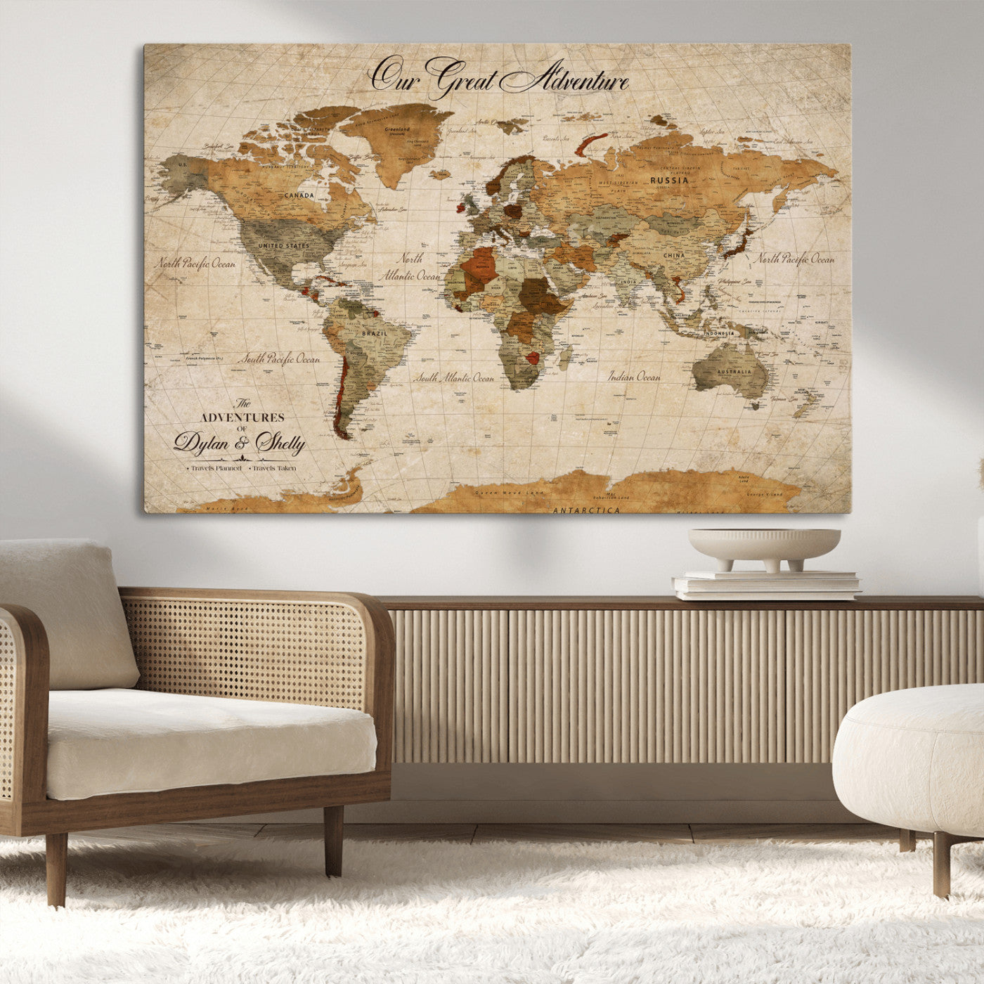 91961147-MGV-CV-36X24-Personalized World Map Wall Art – Vintage Sepia Adventure Travel Map with Custom Couple Names, Rustic Wall Decor for Home, Couples
