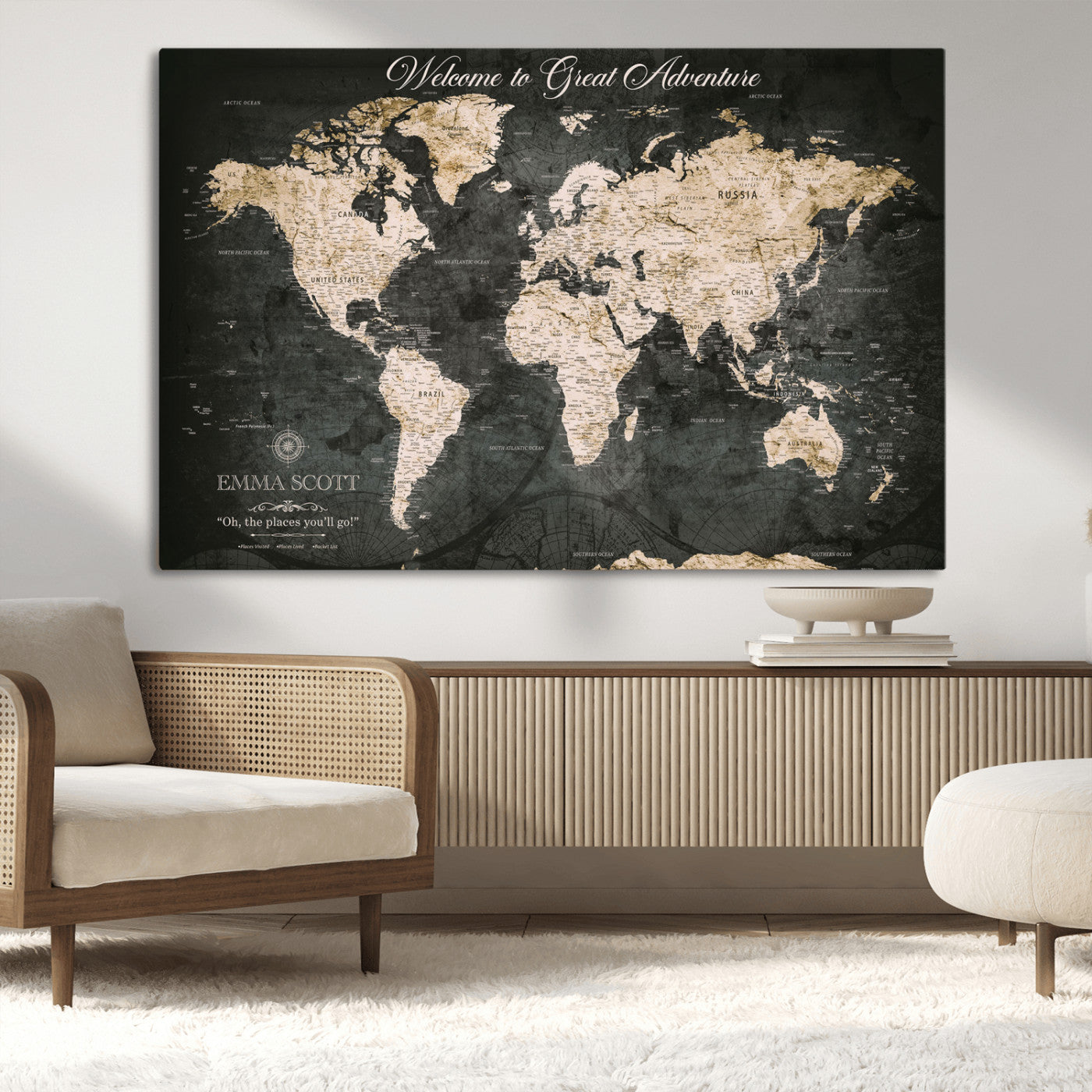 70534097-MGV-CV-36X24-Personalized World Map Wall Art – Dark Vintage Adventure Style Travel Map with Custom Names, Unique Wall Decor for Couples, Home