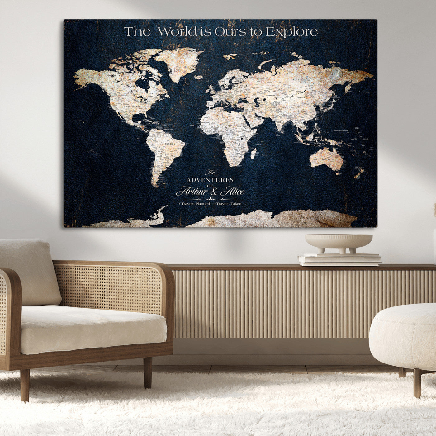 13231361-MGV-CV-36X24-Personalized World Map Wall Art – Navy Blue Vintage Adventure Travel Map with Custom Names, Elegant Push Pin Canvas for Couples