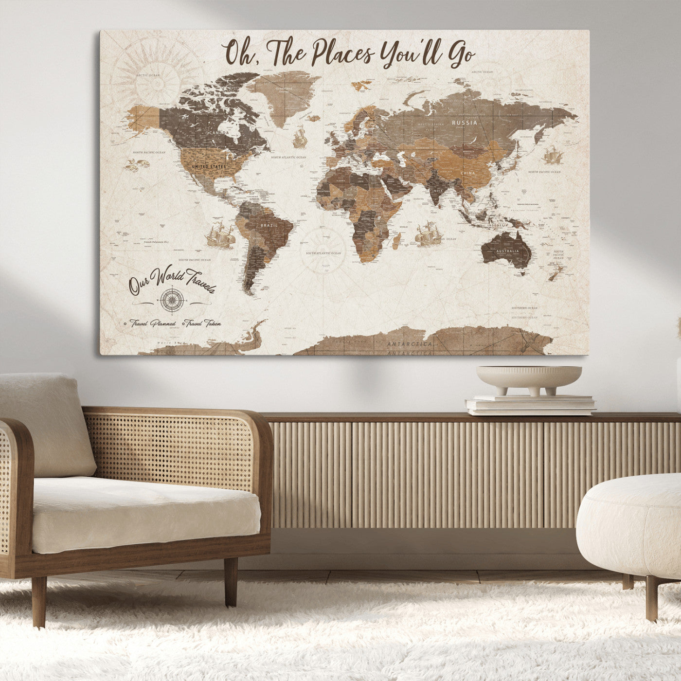14140137-MGV-CV-36X24-Personalized World Map Wall Art – Vintage Nautical Adventure Map with Ships and Compass, Rustic Sepia Tones for Travel Lovers and