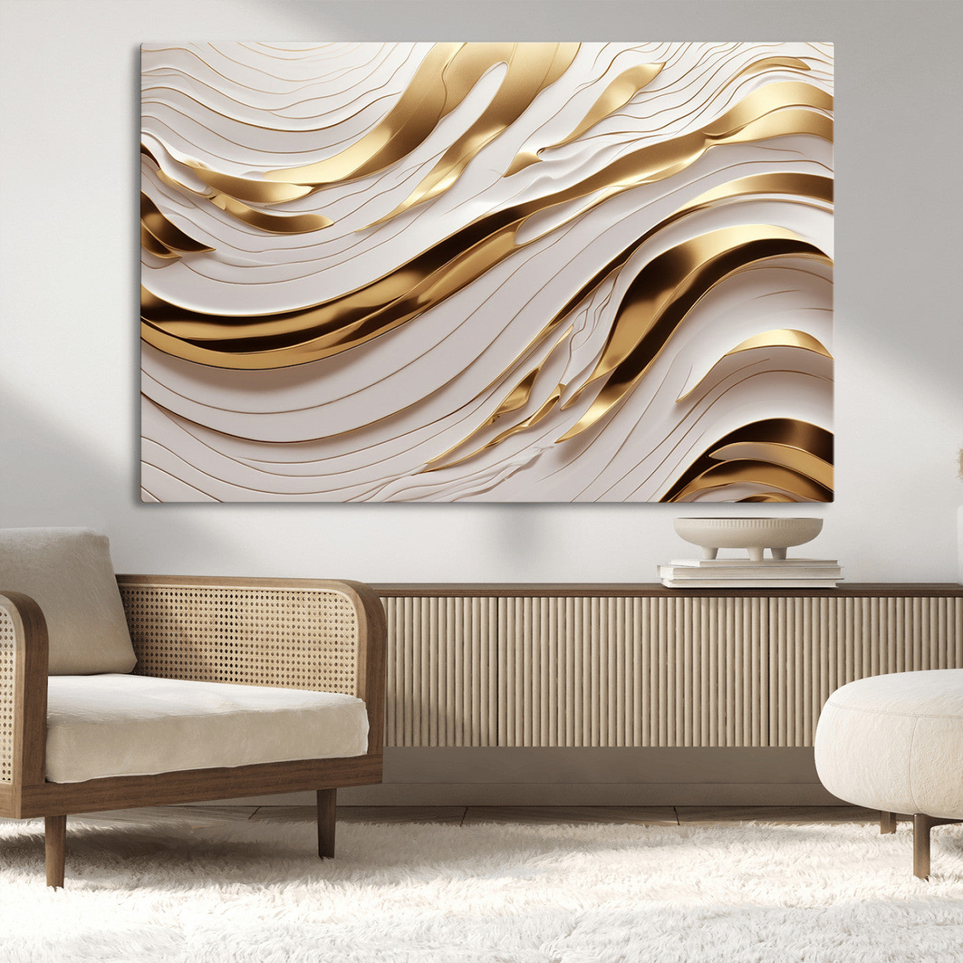41237-MGV-CV-36X24-Gold Waves Wall Art Canvas Print, Framed Elegant Flow Art Picture Print, Luxury Layers Perfect Minimal Luxe Decor Artwork