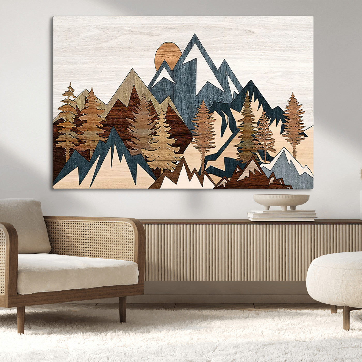 80300-MGV-CV-36X24-Geometric Mountains Wall Art Canvas Print, Framed Stylized Trees Art Picture Print, Graphic Forest Perfect Rustic Abstract Decor