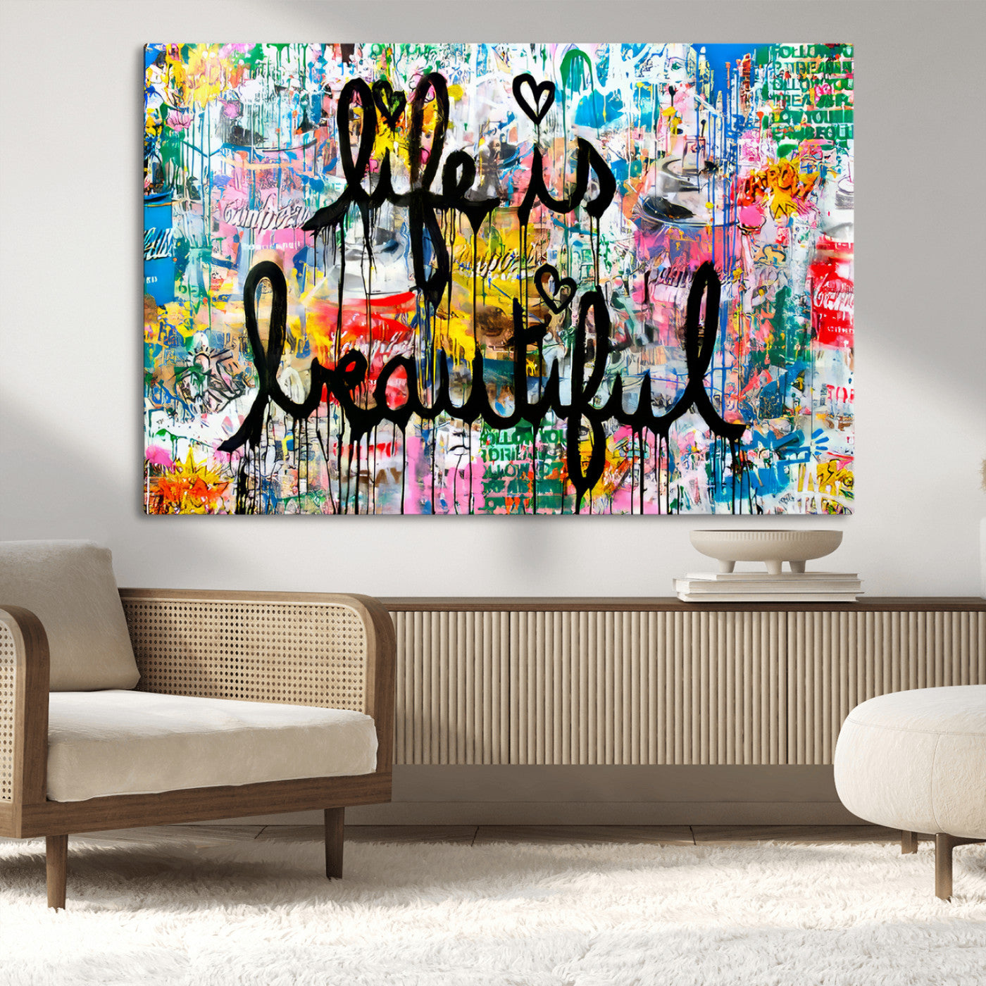 36856-MGV-CV-36X24-Life Is Beautiful Wall Art – Colorful Graffiti Canvas Print, Modern Street Style Artwork, Inspirational Decor for Living Room,
