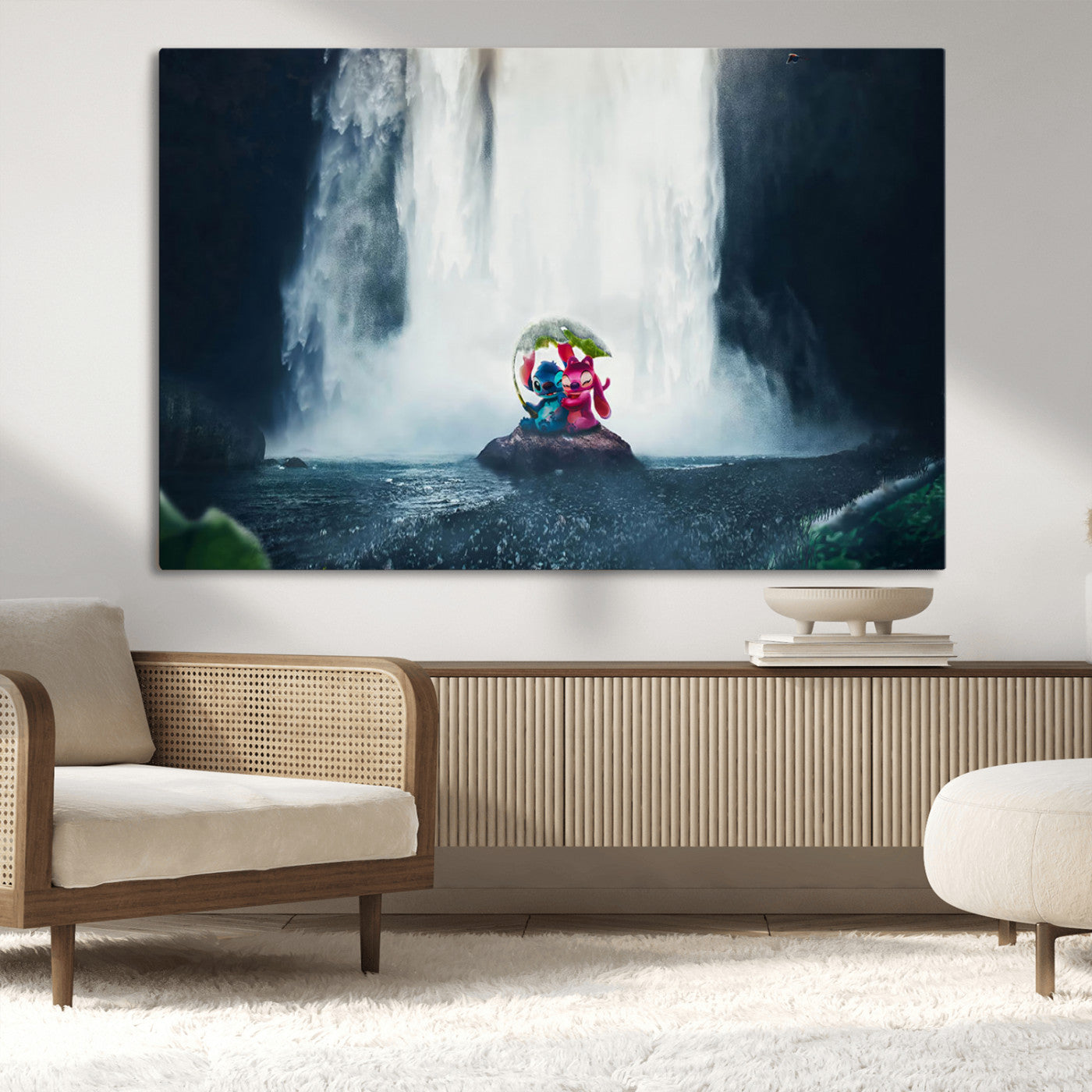 32259-MGV-CV-36X24-Stitch Angel Wall Art Canvas Print, Framed Stitch Waterfall Art Picture Print, Cartoon Couple Perfect Moody Fantasy Decor Artwork