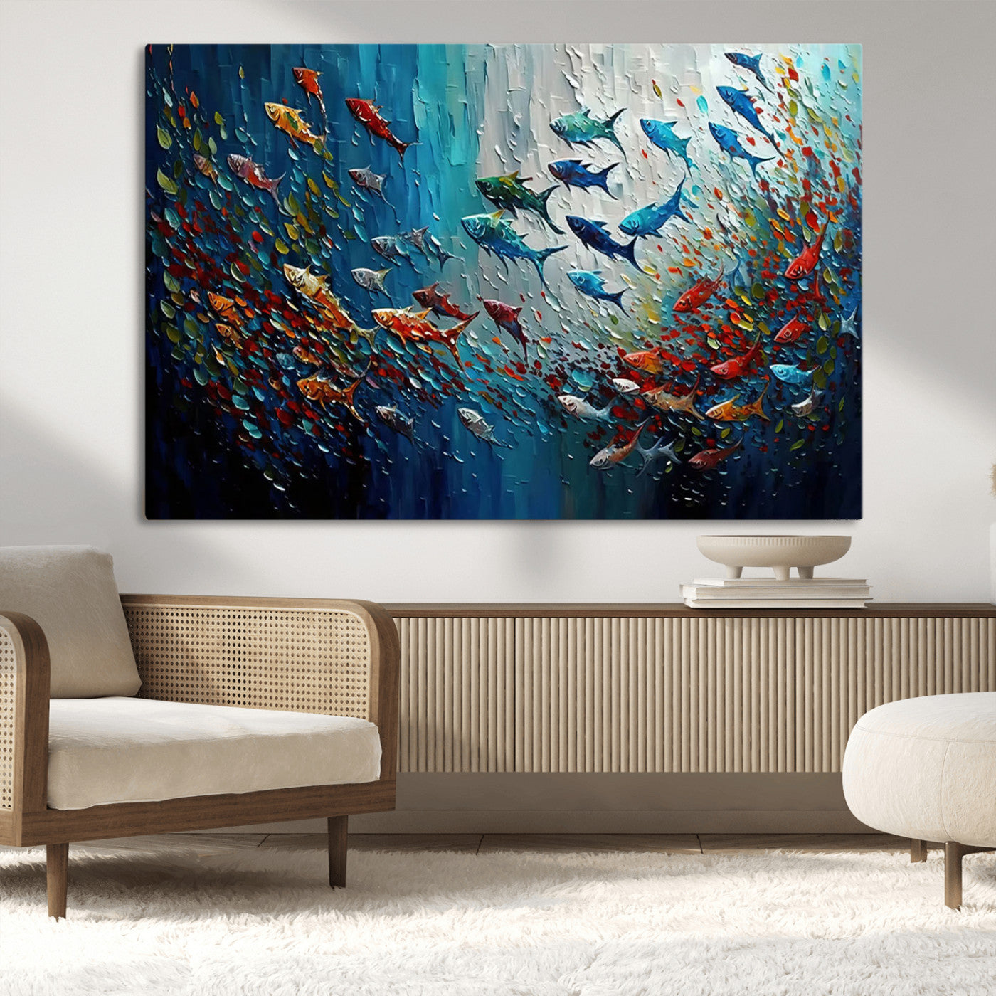 89626-MGV-CV-36X24-Fish Swarm Wall Art Canvas Print, Framed Abstract Ocean Art Picture Print, Underwater Life Perfect Vibrant Coastal Decor Artwork