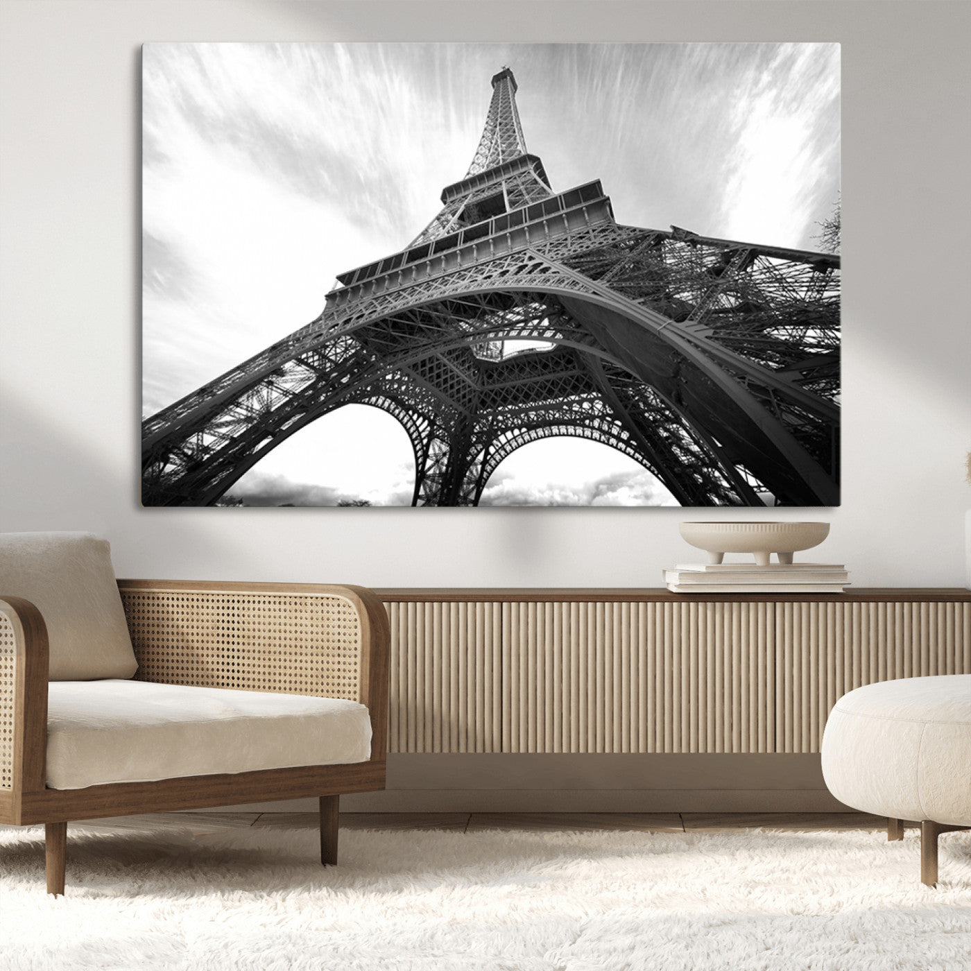 40006-MGV-CV-36X24-Eiffel Tower Wall Art – Black and White Architectural Photo Print, Paris Inspired Decor for Bedroom, Office, Studio or Modern