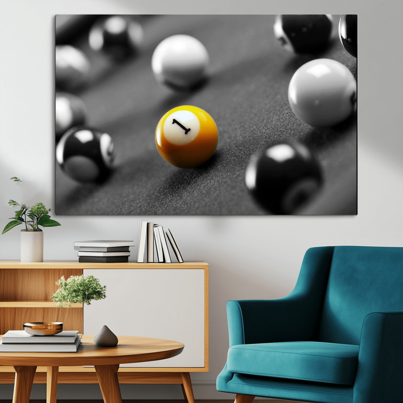 52108-MGV-CV-36X24-Precision Pool Table Wall Art – Close Up Yellow 1 Ball Canvas Print, Hand-Played Billiards Game Decor for Office, Game Room, or